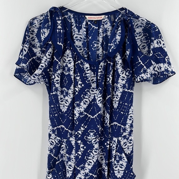 REBECCA Taylor Blue White 100% Silk Batik Print Mini Dress Ties at Shoulders 2 - Picture 5 of 11